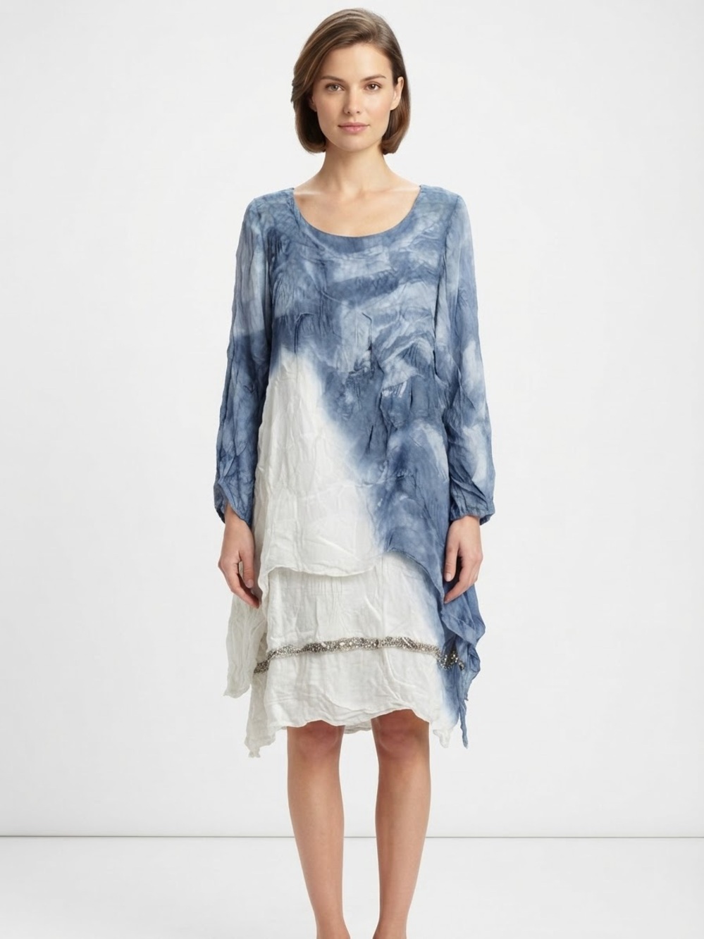 Shylon Blue and White Long Sleeve Tie-Dye Layered Dress O/S